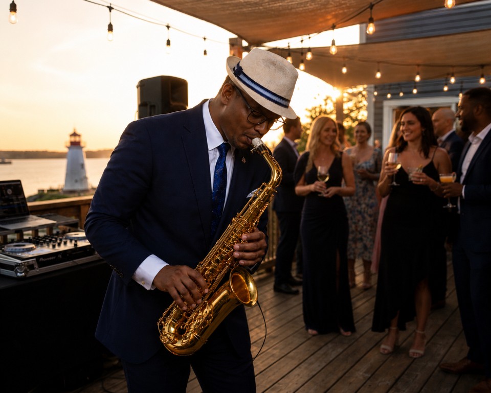 Carlos playing sax beside the DJ at an evening event